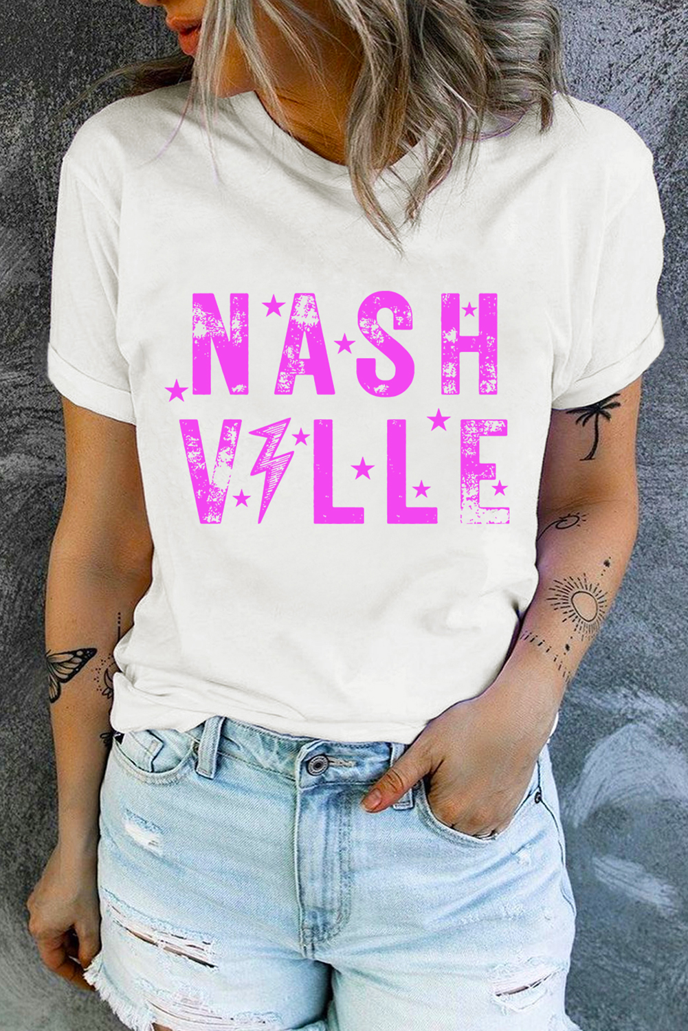 White NASHVILLE Star Graphic Crewneck T Shirt - loveforevers