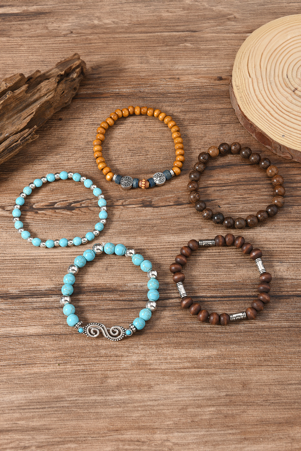 Cinnamon Boho 5pcs Turquoise Wood Beaded Elastic Bracelet Set - loveforevers