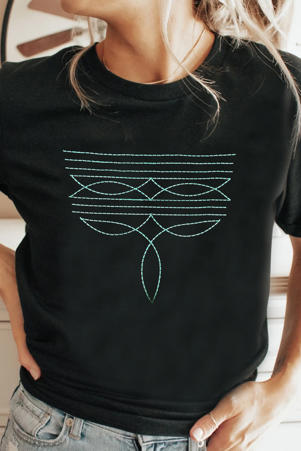 Black Western Fashion Geometric Embroidered T Shirt - loveforevers