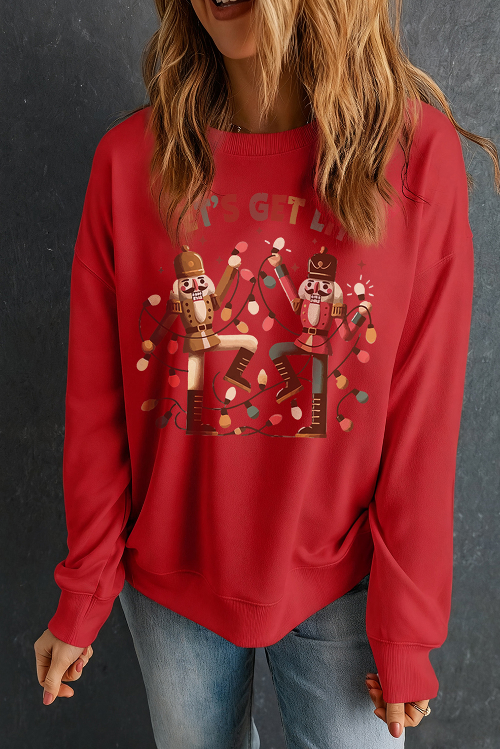 Red LETS GET LIT Nutcracker Graphic Christmas Sweatshirt - loveforevers
