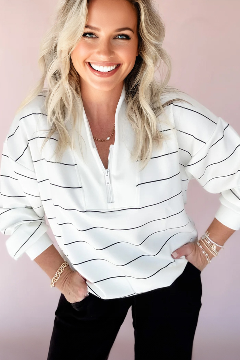 White Zip V Neck Casual Stripe Print Drop Shoulder Long Sleeve Top - loveforevers
