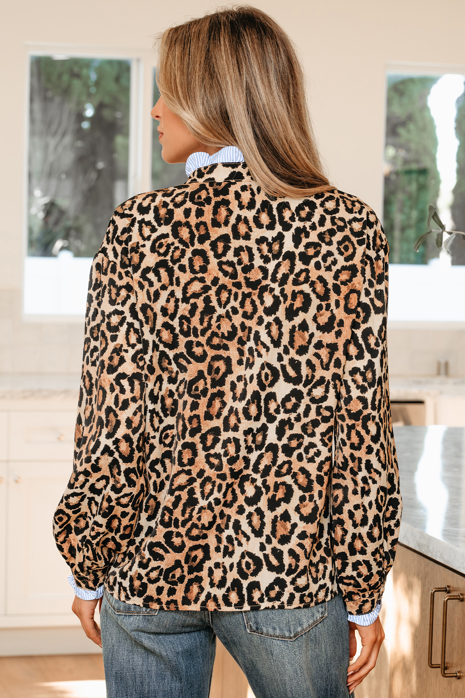 Brown Wild Leopard Print Contrast Striped Frilled Trim Chic Shirt - loveforevers