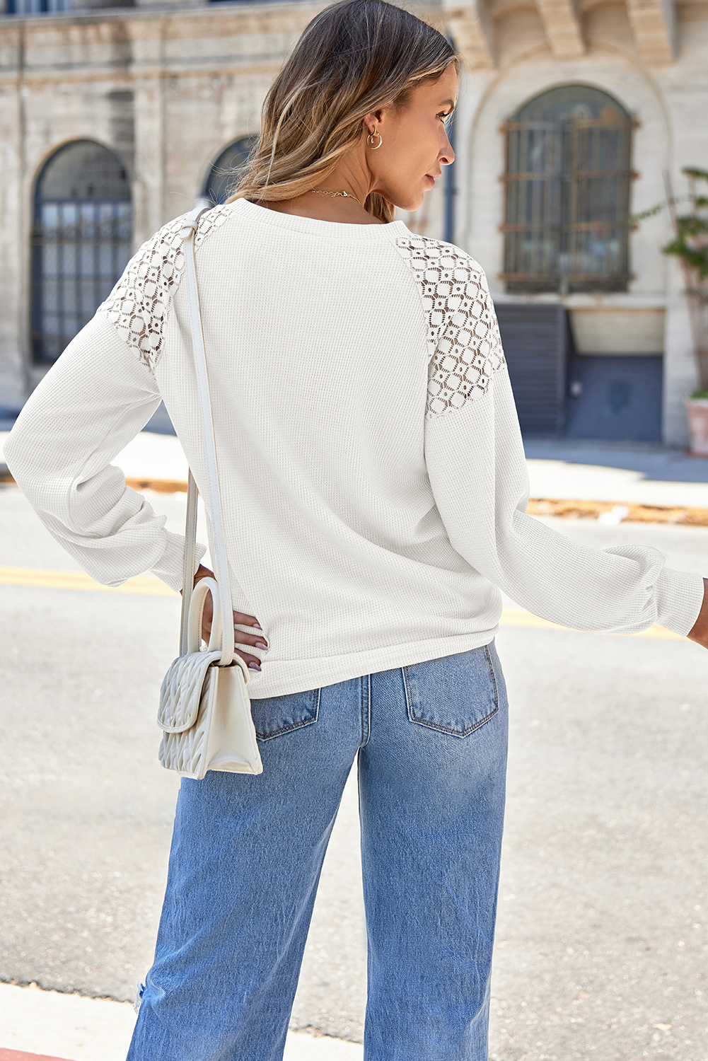 White Lace Long Sleeve Textured Pullover - loveforevers