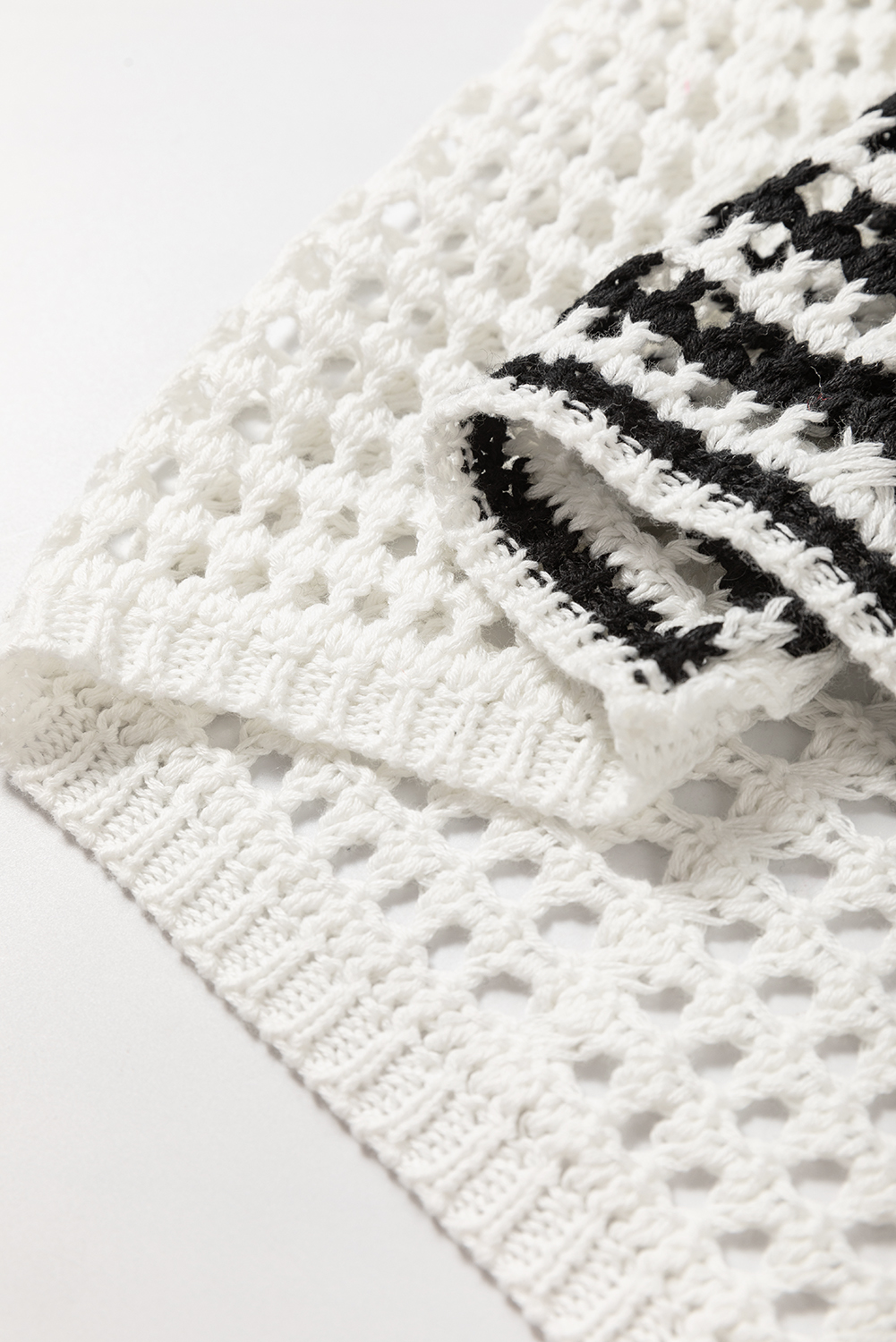 White Stripe Contrast Striped Crochet Puff Sleeve Sweater - loveforevers