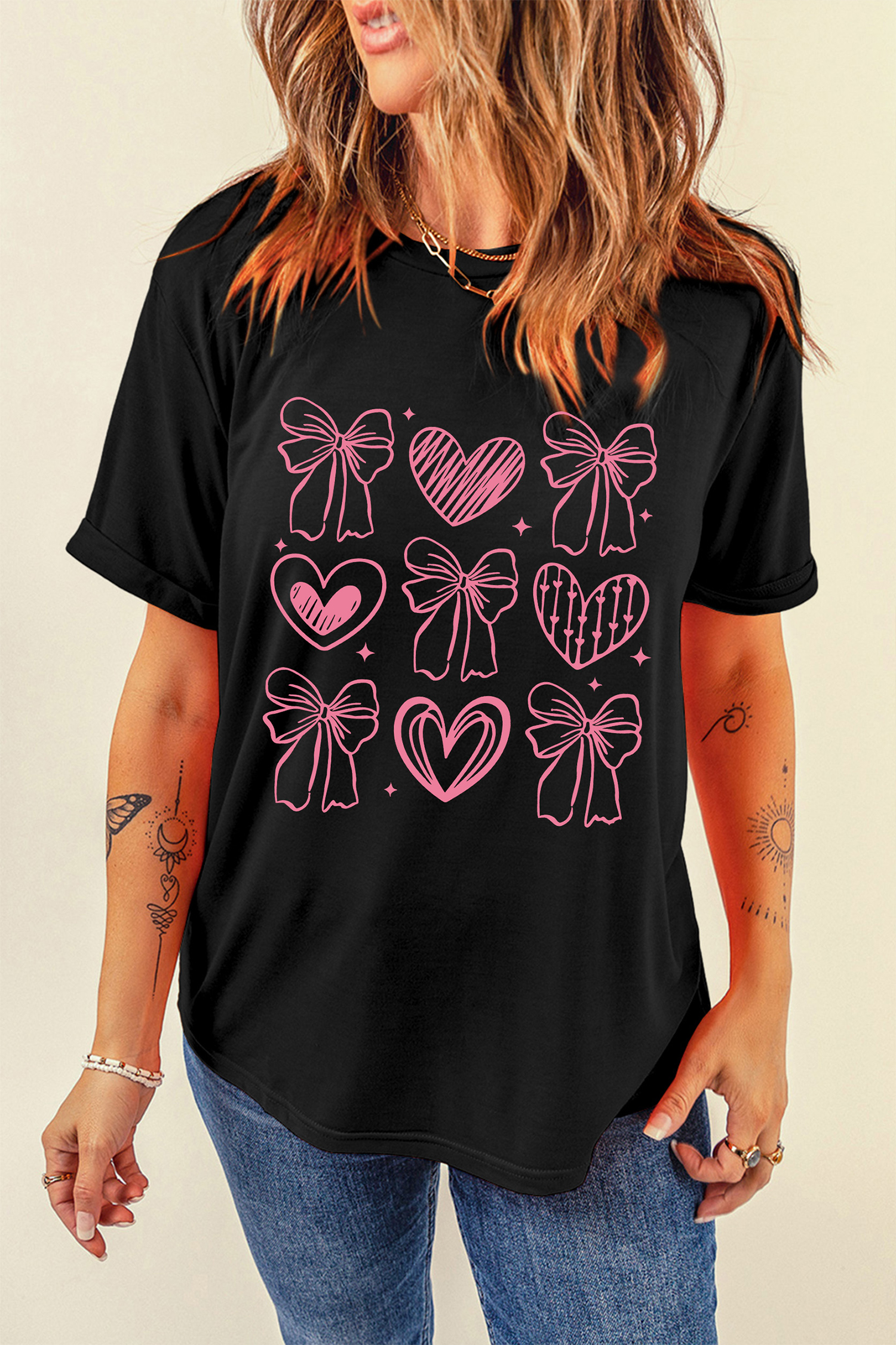 Black Cute Bow Heart Printed Valentines Day T Shirt - loveforevers