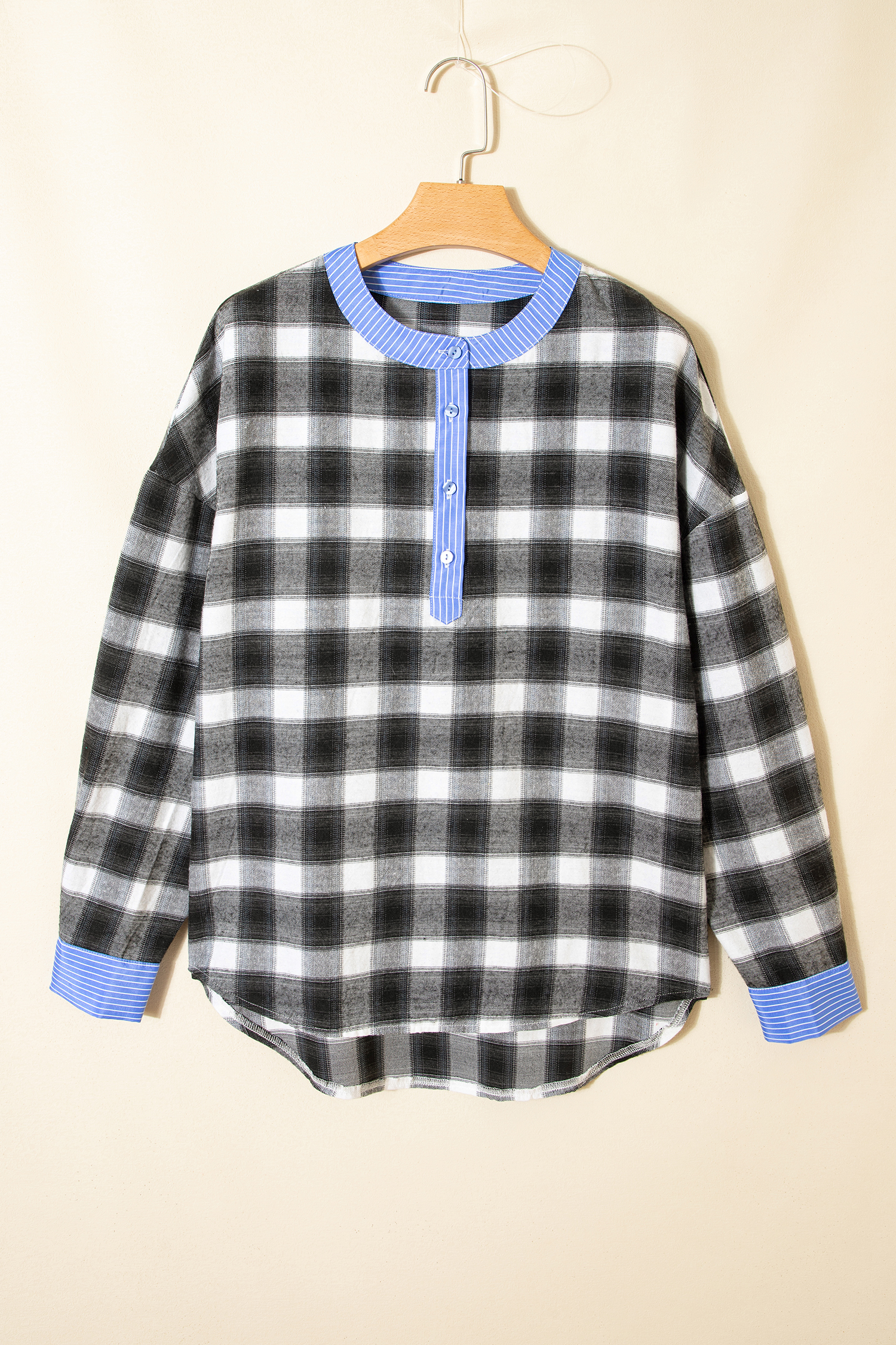 Black Contrast Striped Edge Half Placket Plaid Blouse - loveforevers