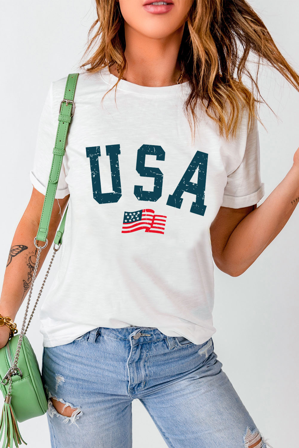 Gray Blooming USA Flag Print Casual T Shirt - loveforevers