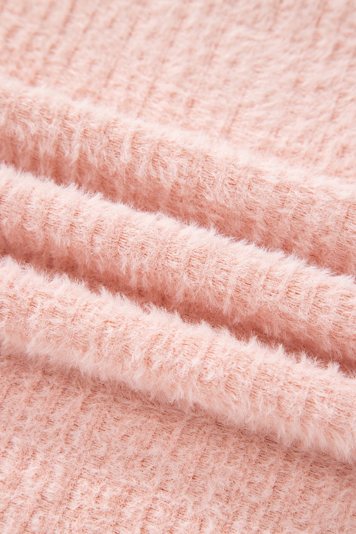 Light Pink Fuzzy Ribbed Texture Round Neck Long Sleeve Top - loveforevers