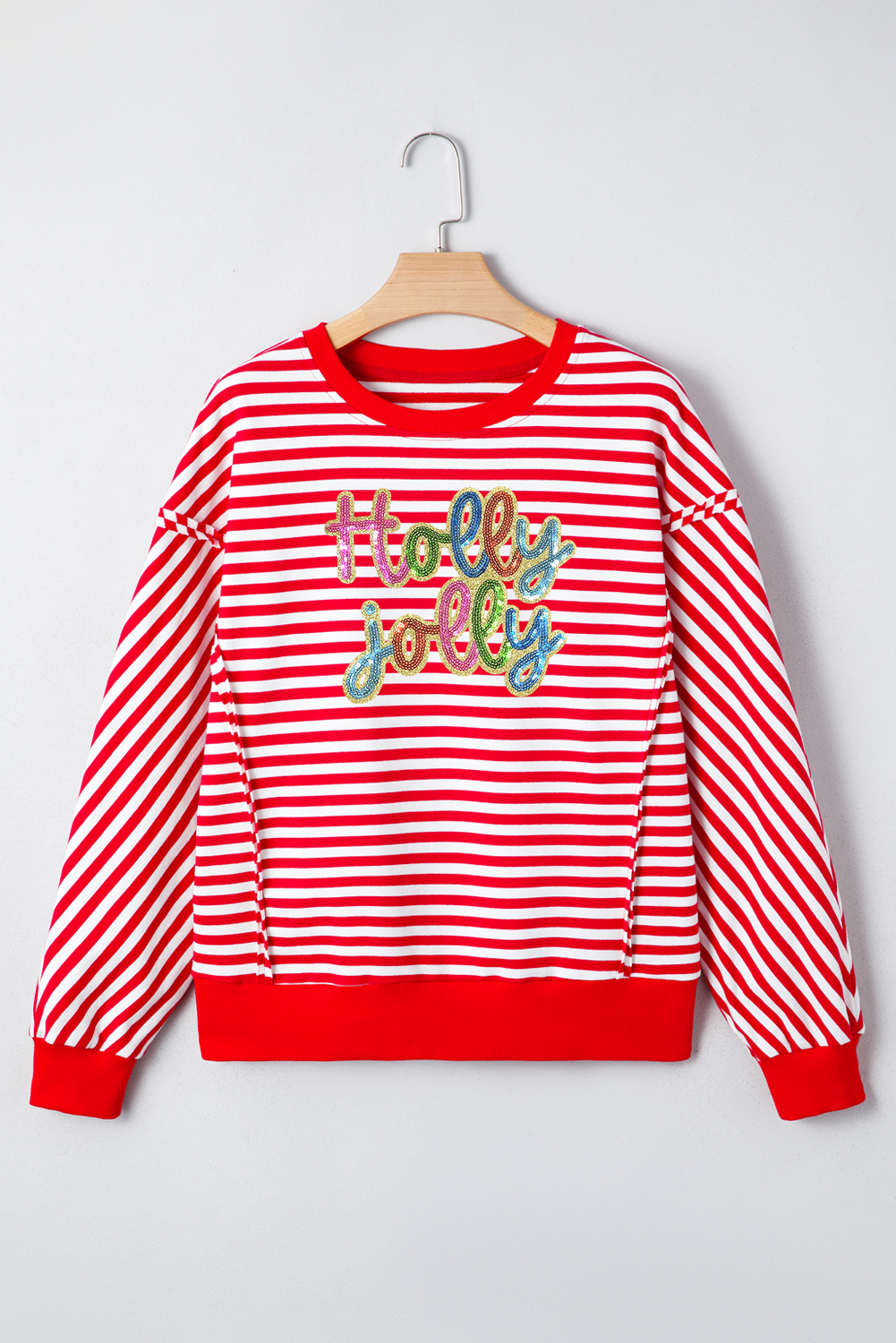 Red Stripe Holly Jolly Sequin Graphic Drop Shoulder Long Sleeve Top - loveforevers