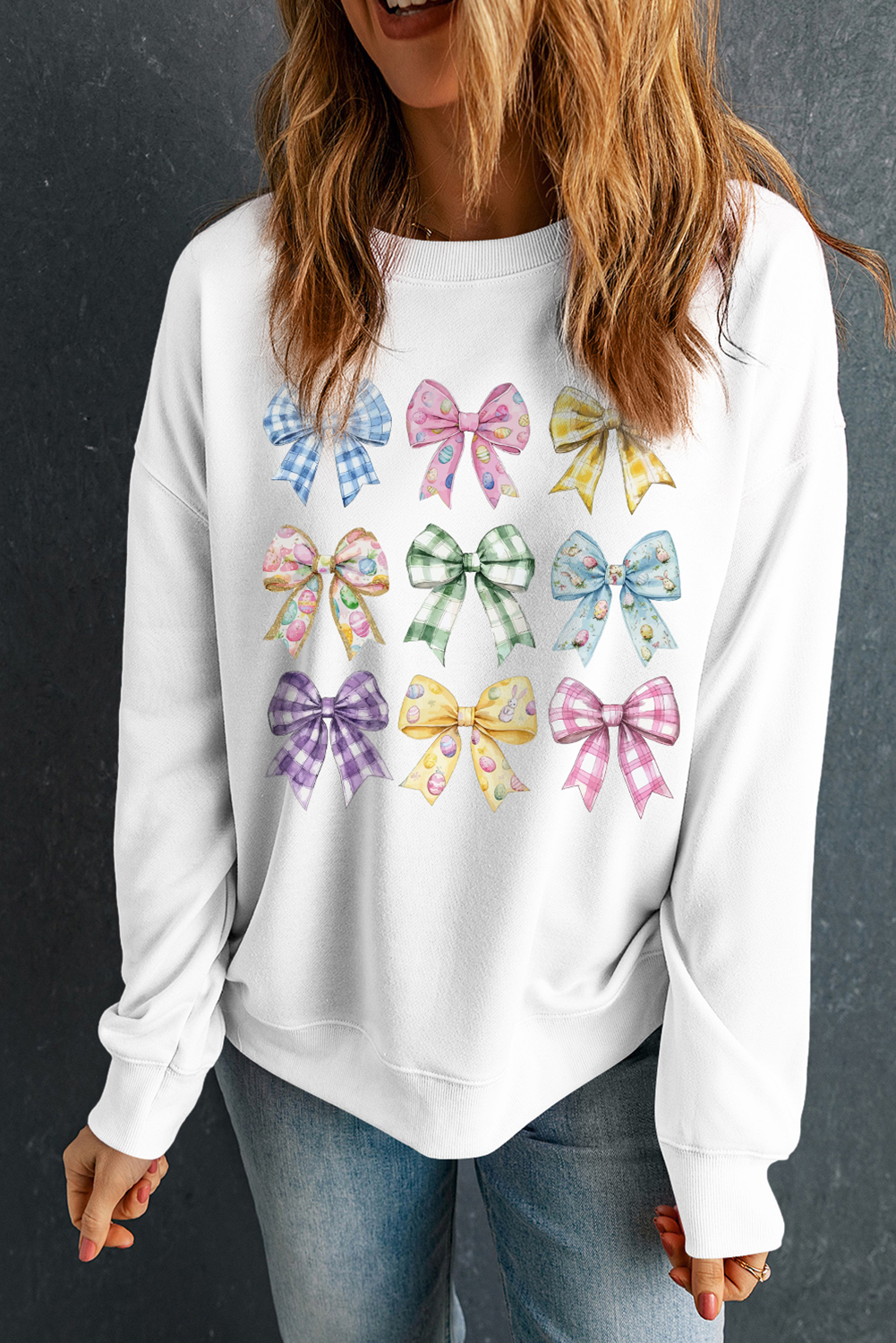 White Easter Eggs Plaid Bow Graphic Drop Shoulder Sweatshirt - loveforevers