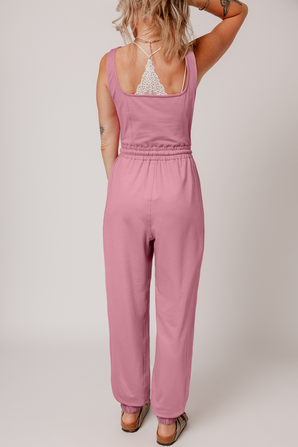 Light Pink Lace-up Elastic Waist Sleeveless Square Neck Jumpsuit - loveforevers