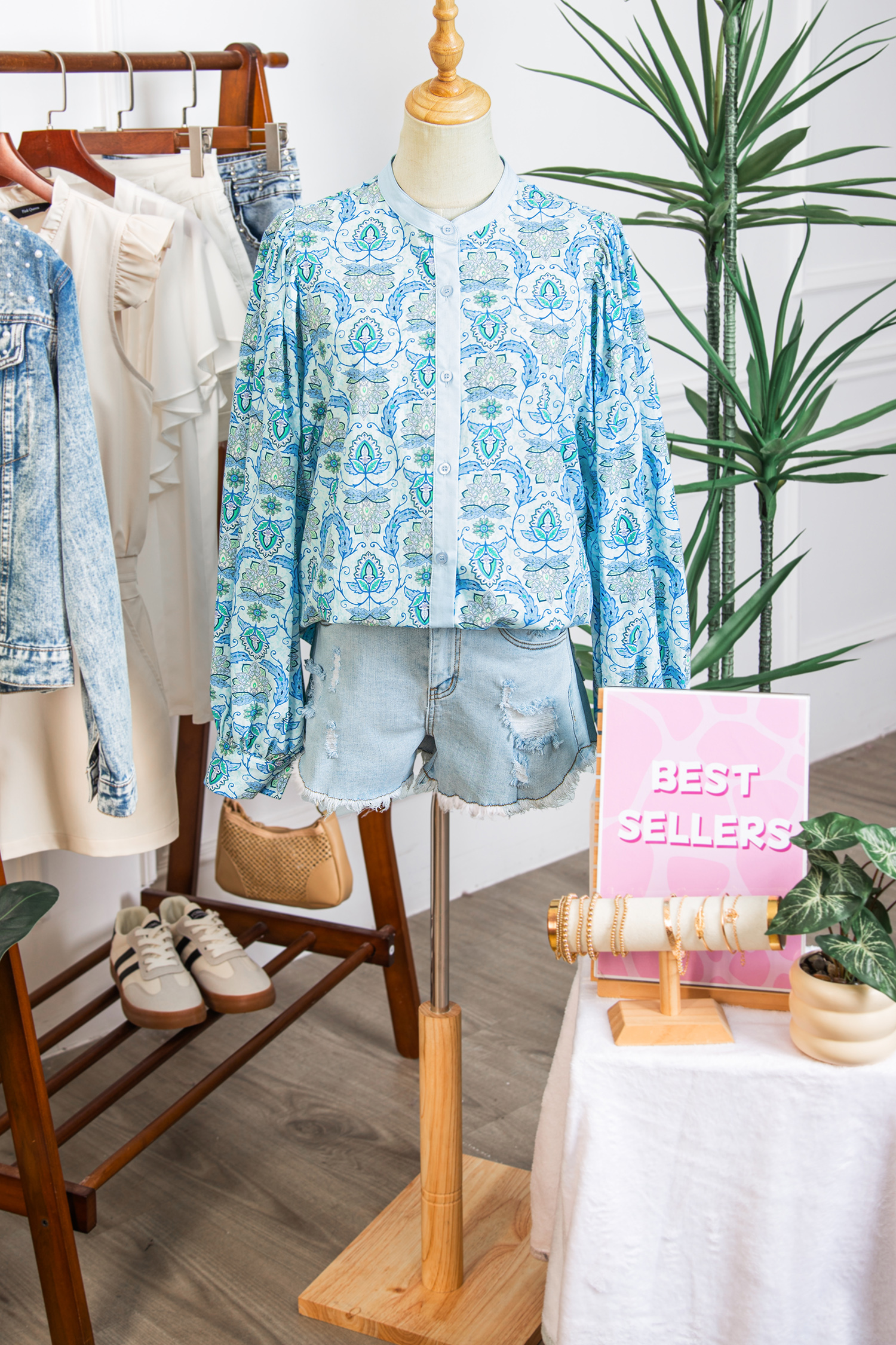 Sky Blue Paisley Print Puff Sleeve Loose Shirt - loveforevers