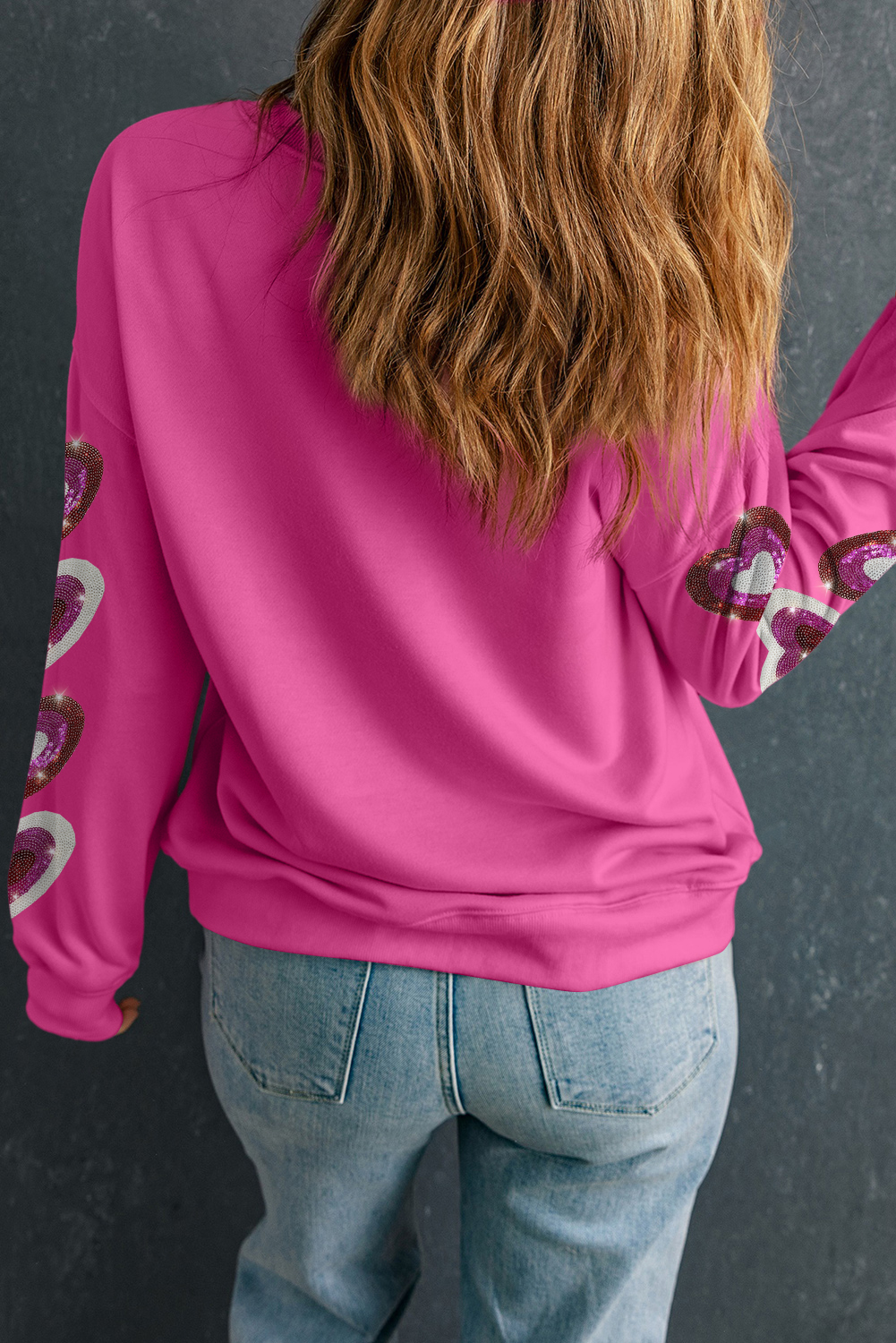 Bonbon Sequined Heart Patched Drop Shoulder Valentines Sweatshirt - loveforevers