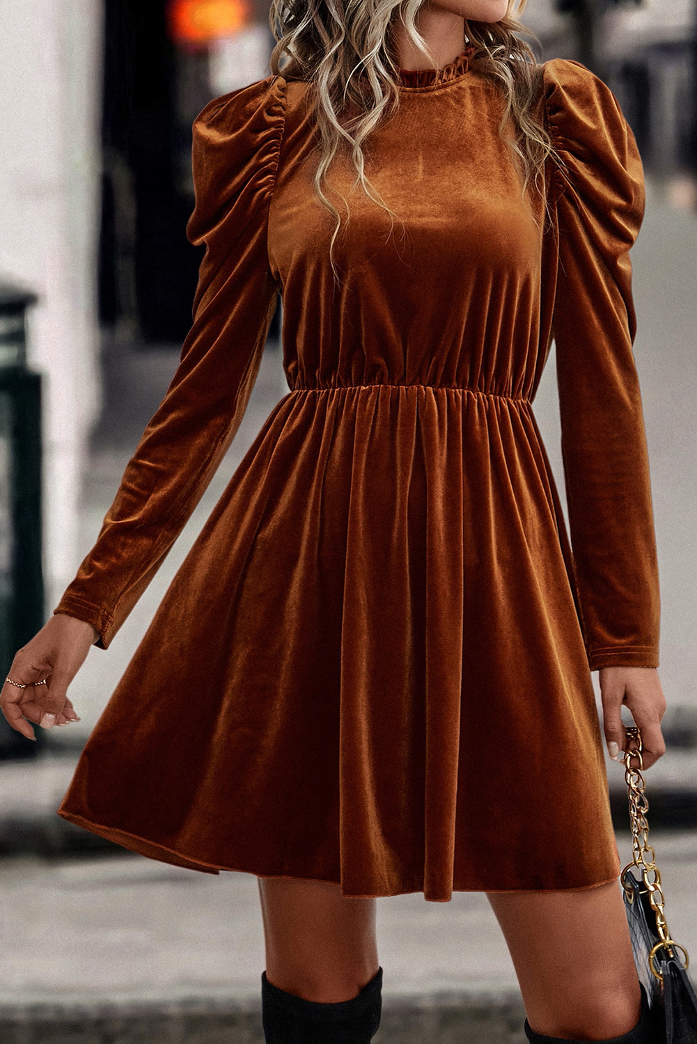 Chestnut Velvet Frilled Neck Gigot Sleeve Swing Dress - loveforevers