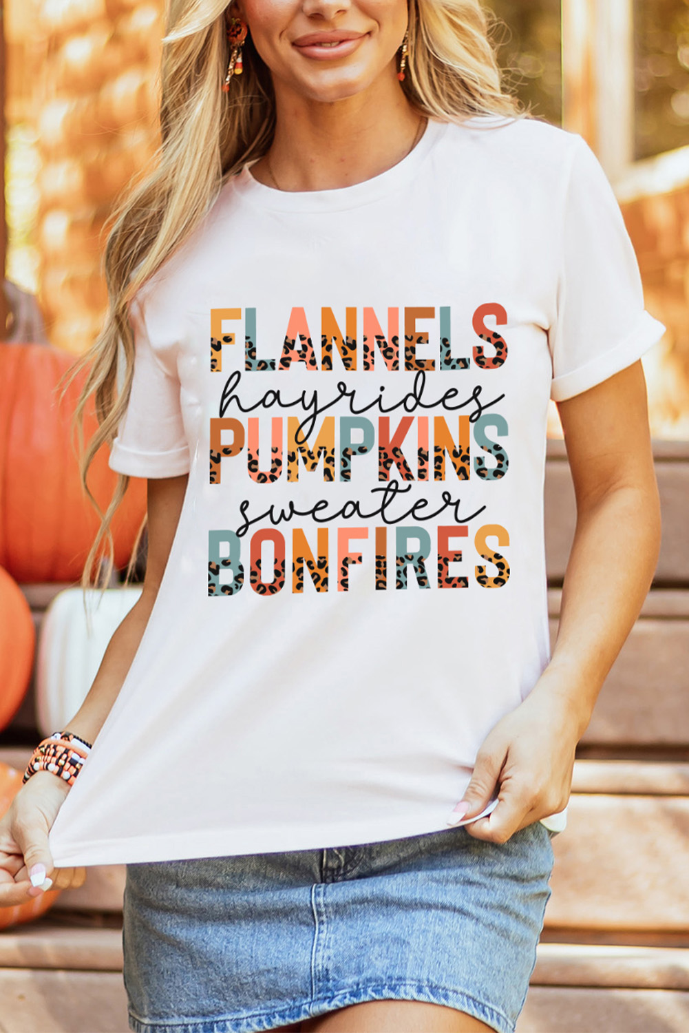 White FLANNELS PUMPKINS BONFIRES Chic Letter Graphic Tee - loveforevers