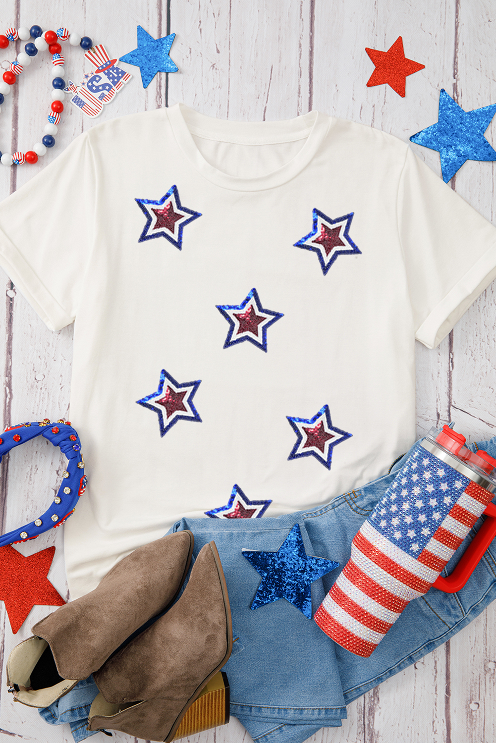 White Independence Day Sequin Star Patched T Shirt - loveforevers
