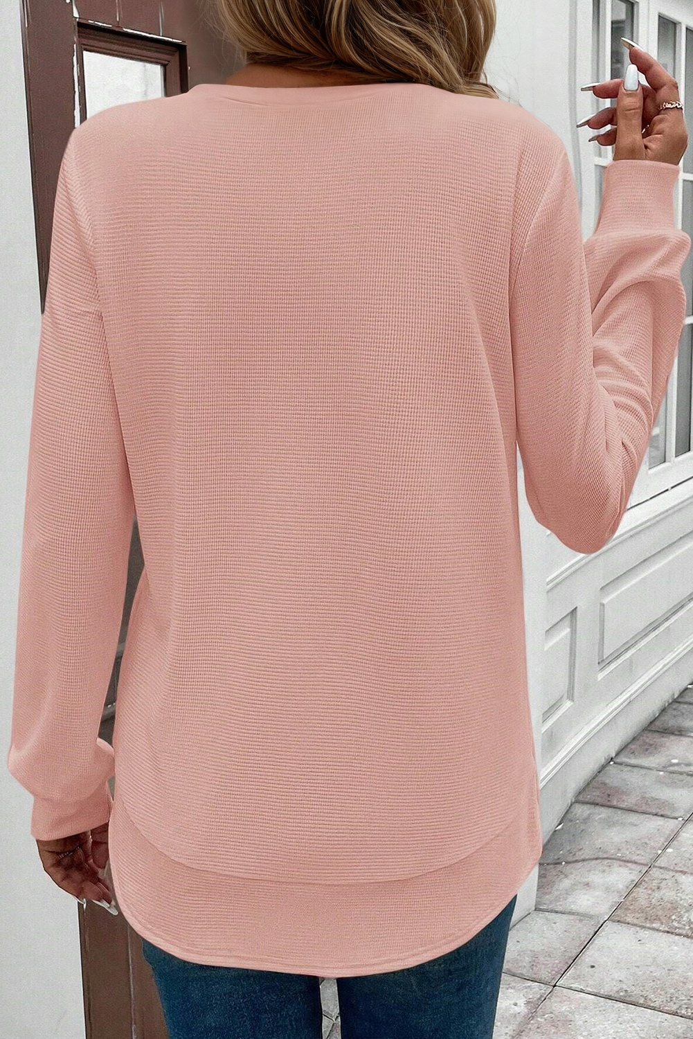 White Rounded Hem Waffle Long Sleeve Top - loveforevers