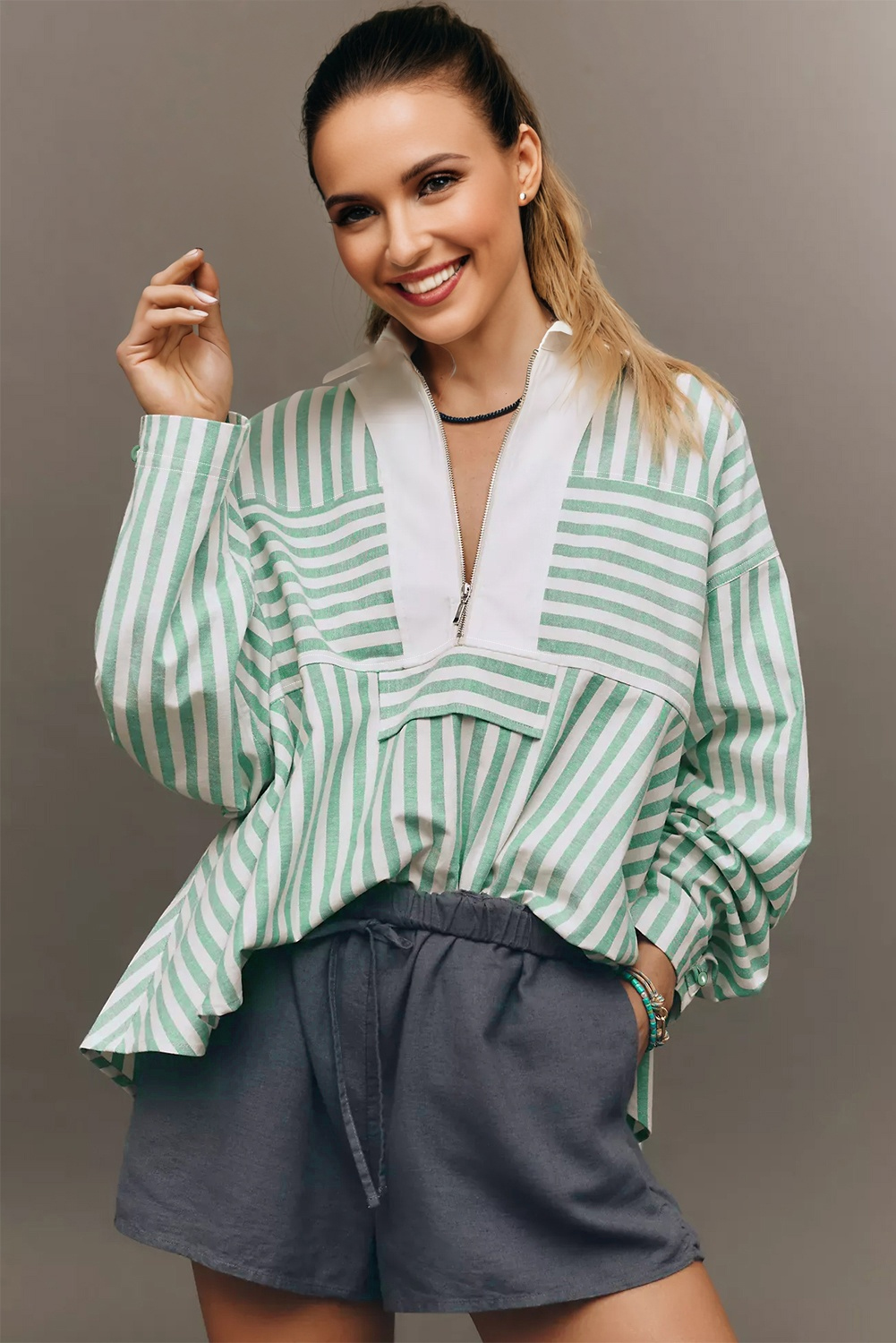 Green Stripe Half Zip Long Sleeve Swing Top - loveforevers