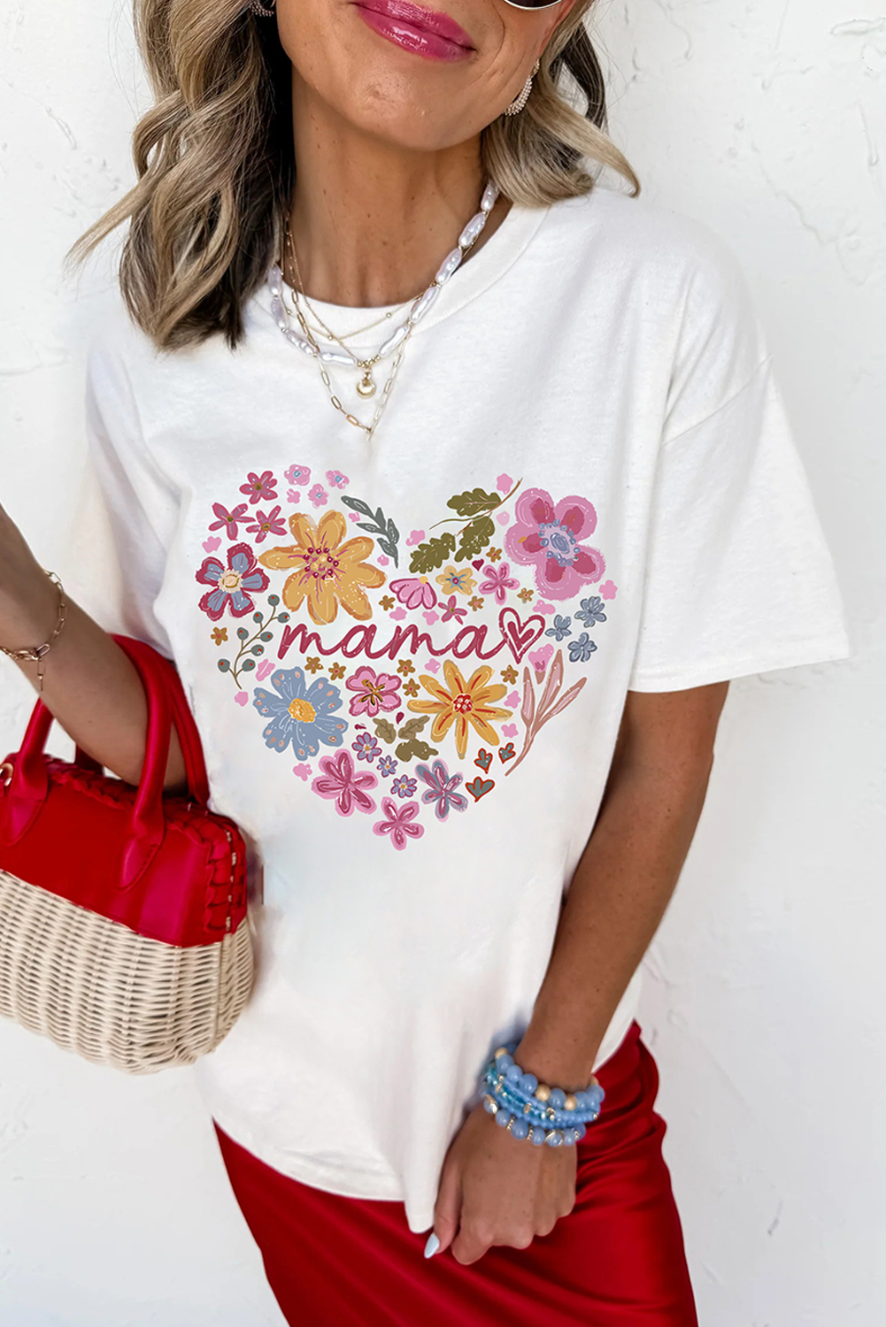 White MAMA Flower Heart Cotton Blend Graphic Tee - loveforevers