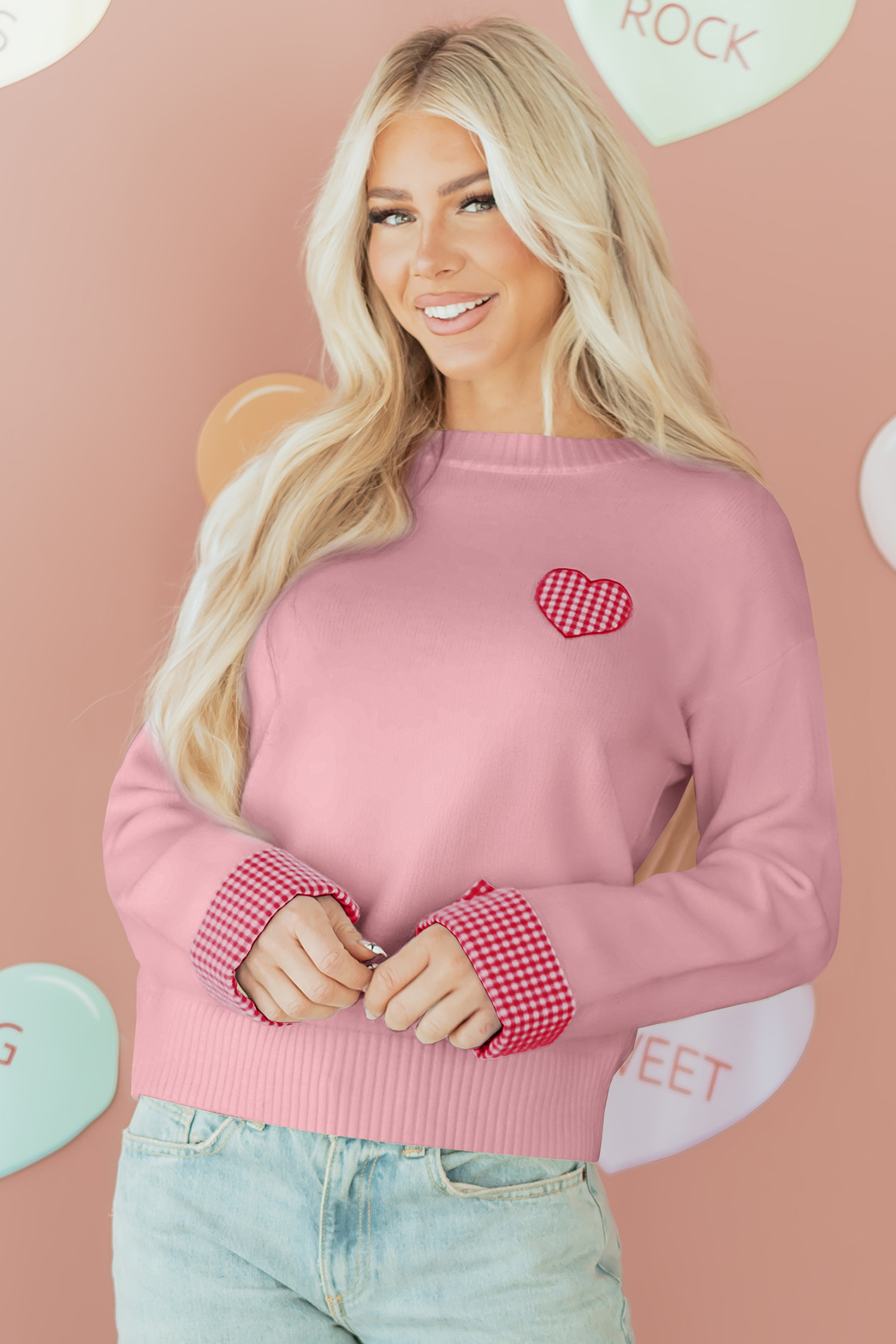 Light Pink Plaid Heart Embroidered Cuffed Drop Shoulder Crew Neck Sweater - loveforevers
