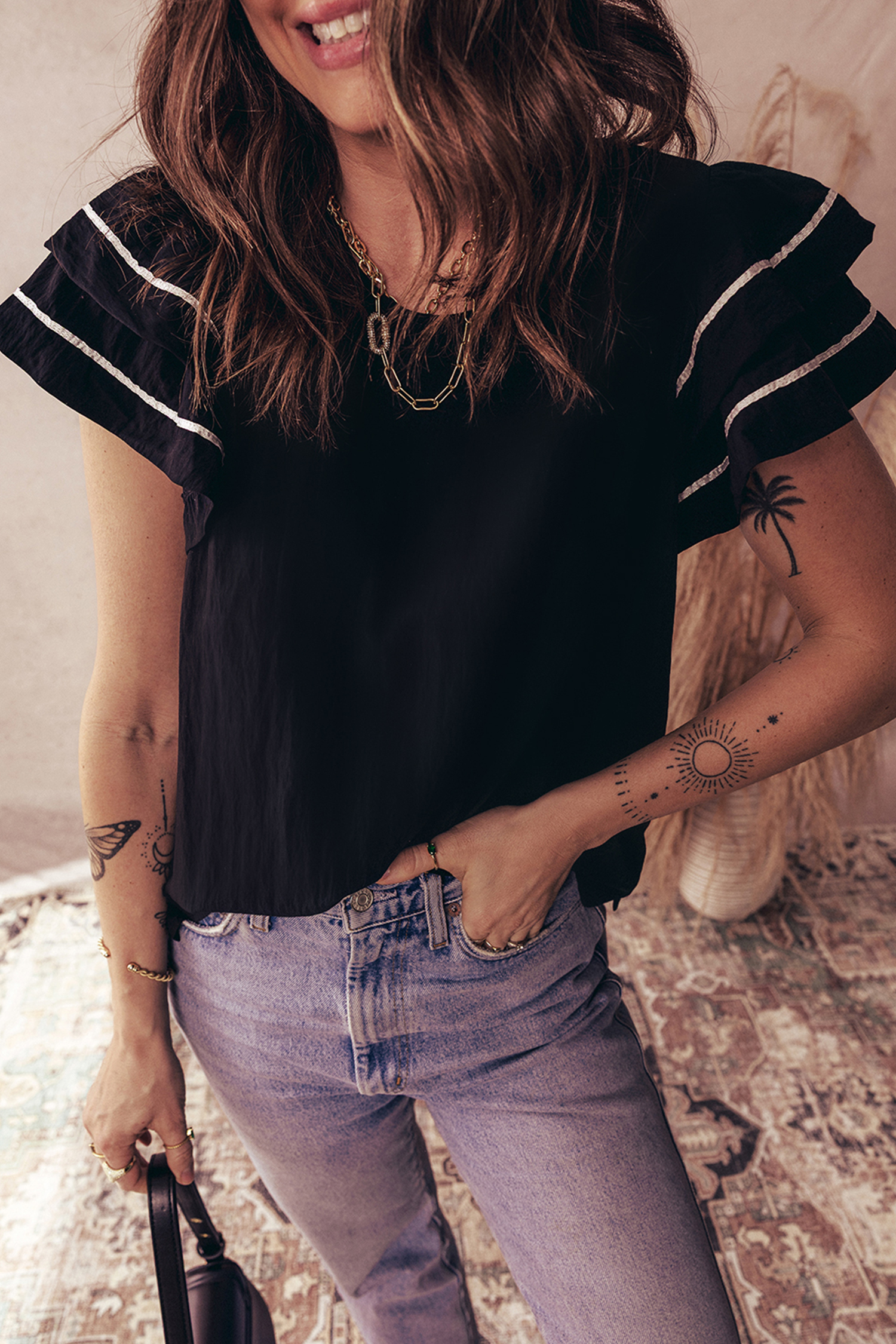 Black Contrast Trim Dual Ruffle Short Sleeve Textured Blouse - loveforevers