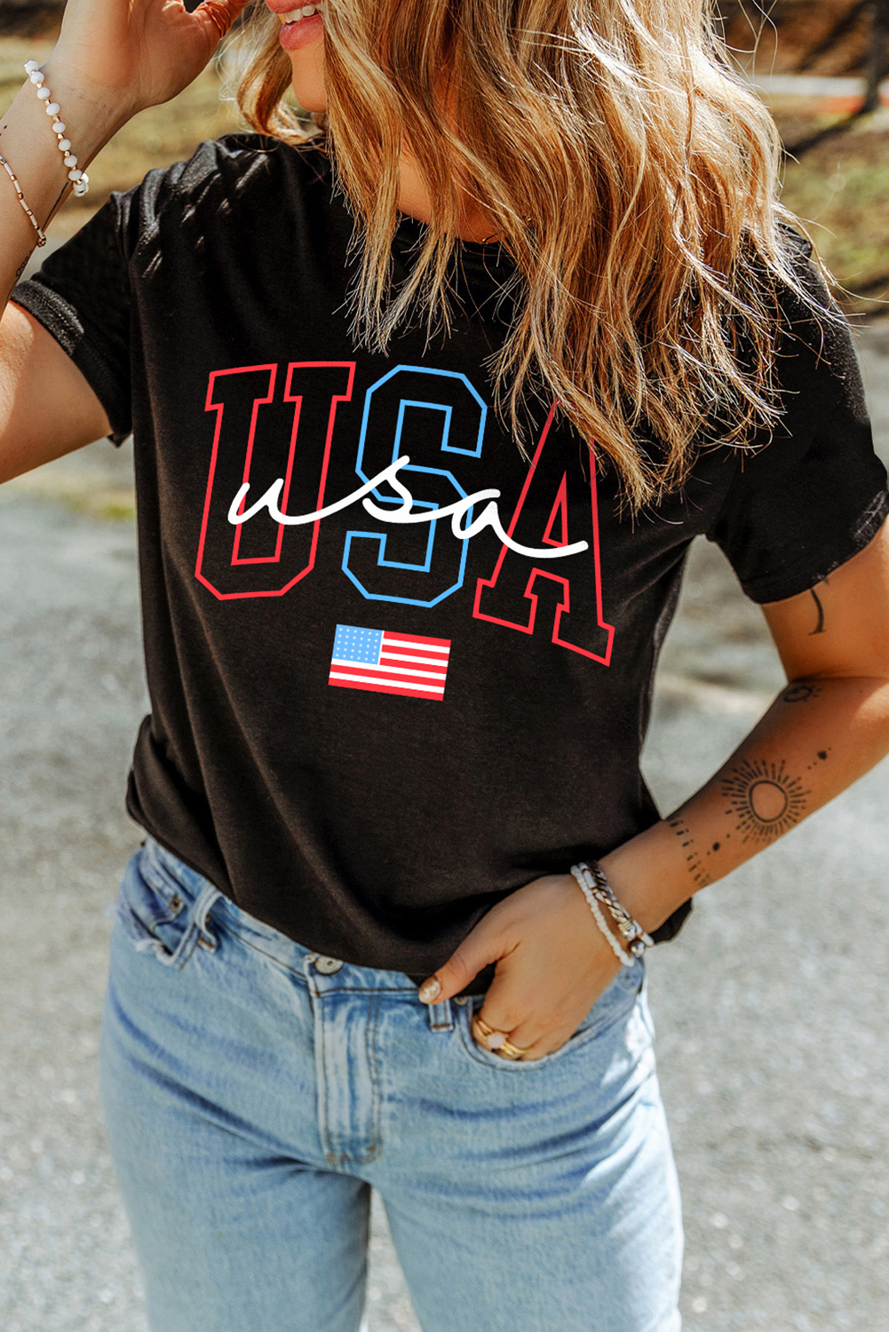 Black USA Letter American Flag Print Casual T Shirt - loveforevers