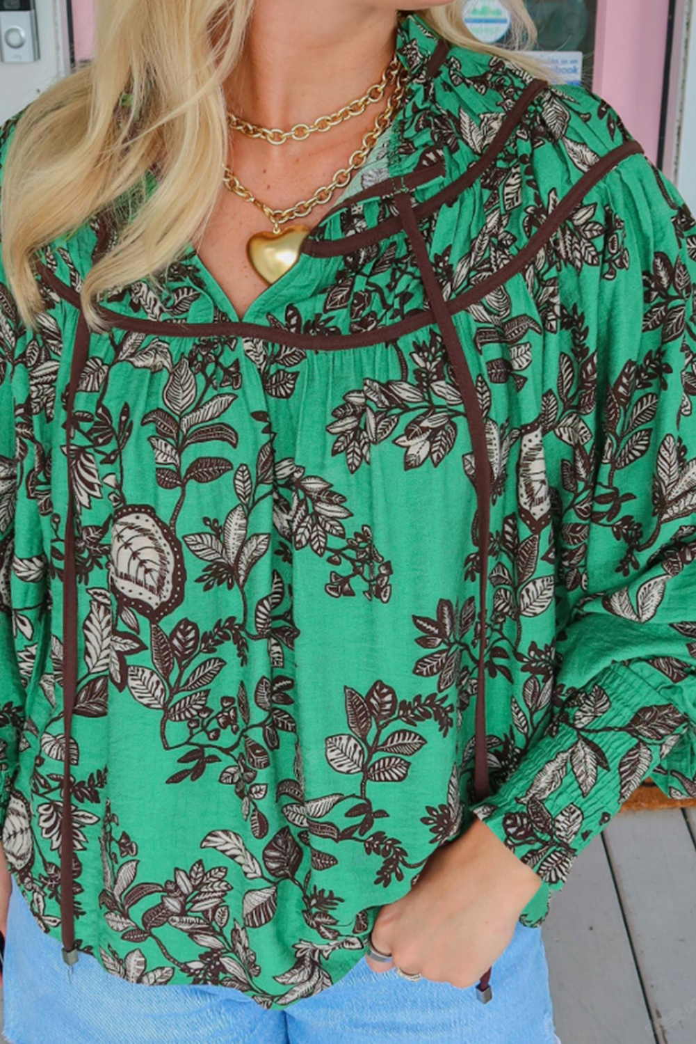 Green Leaves Print Contrast Trim V Neck Shirred Puff Sleeve Blouse - loveforevers