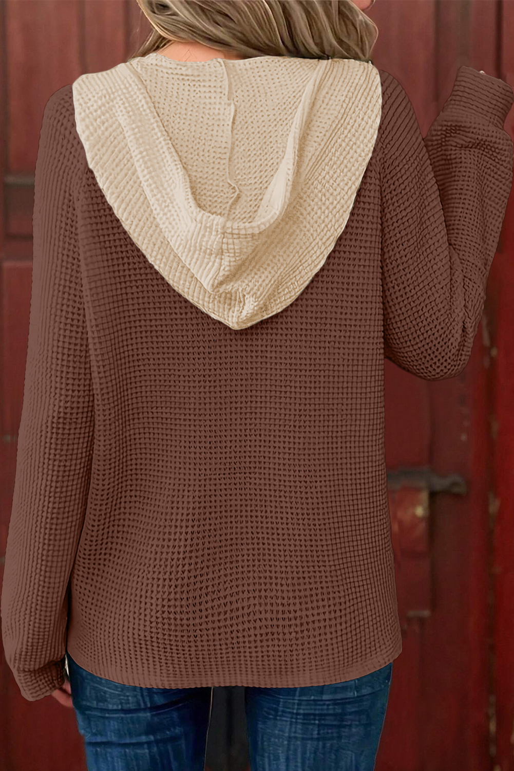 Coffee Waffle Contrast Half Buttoned Hooded Pullover Top - loveforevers