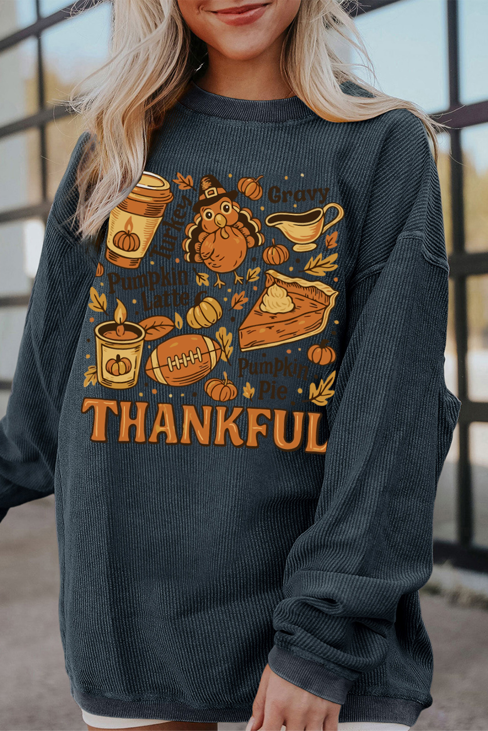 Dark Grey Twisted Ribbed THANKFUL Fall Fashion Printed Baggy Sweatshirt - loveforevers