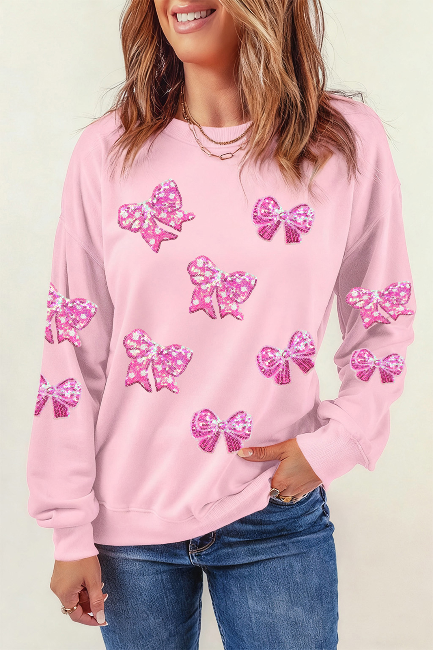 Pink Sequined Bow Patched Pattern Pullover Sweatshirt - loveforevers