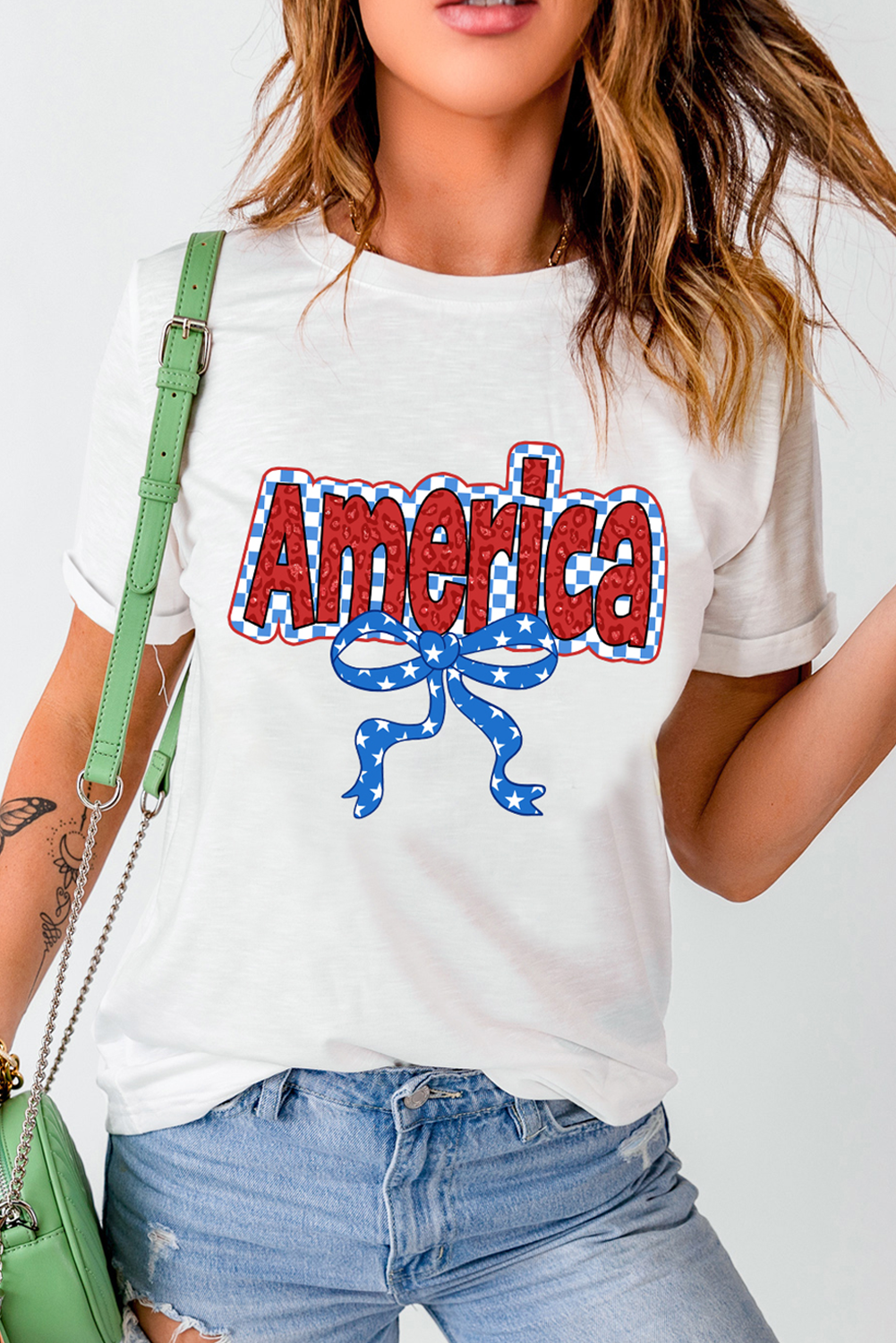White Funky America Letter Bow Printed T Shirt - loveforevers