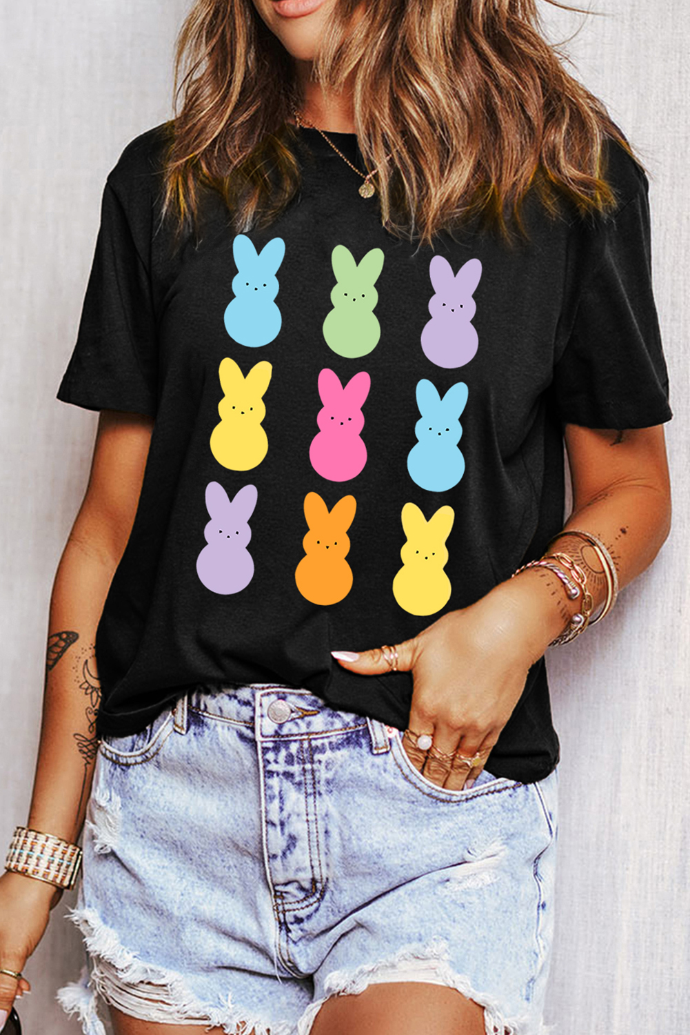 Black Easter Rabbit Print Crew Neck T Shirt - loveforevers
