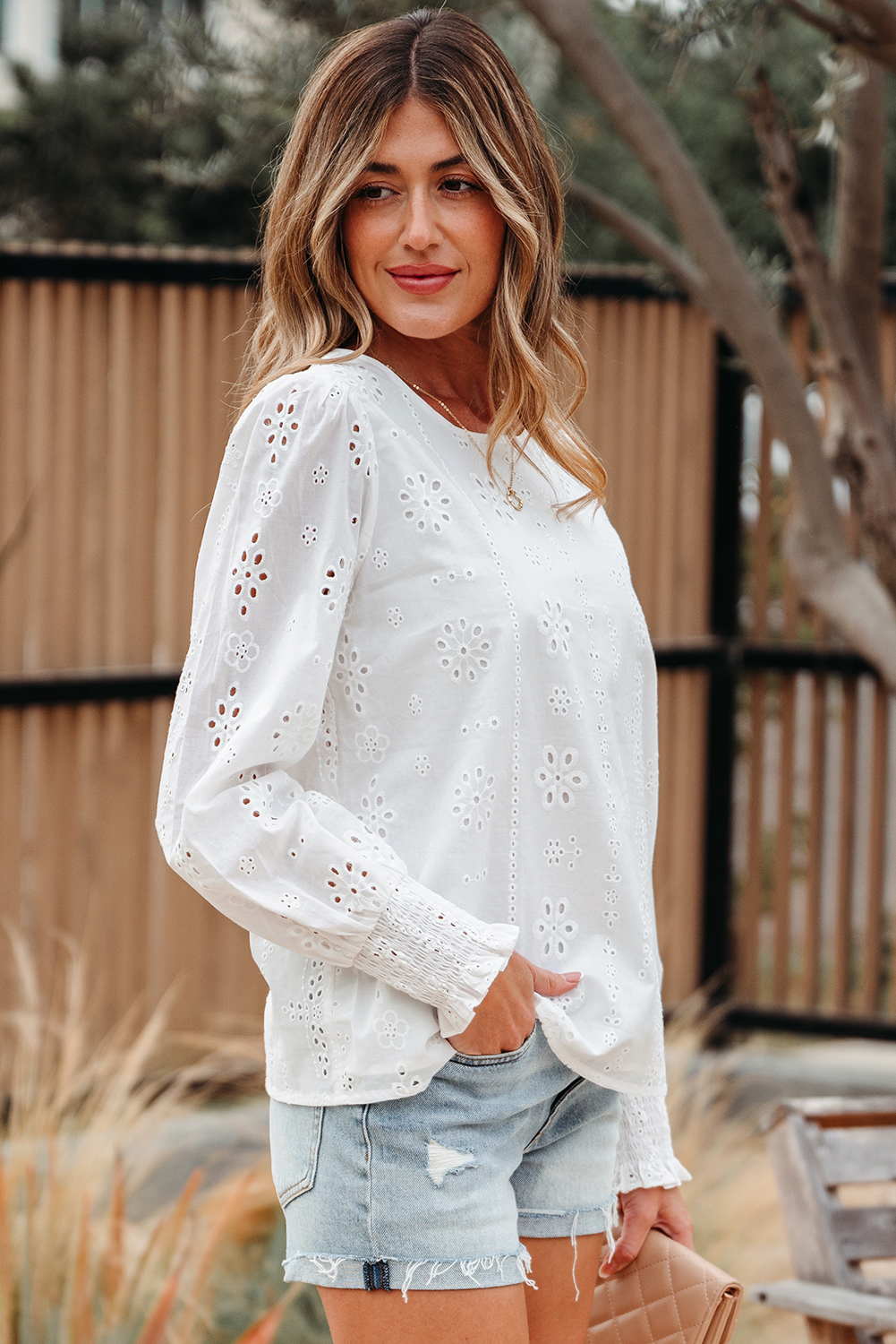 White Eyelet Embroidered Smocked Cuff Sheer Blouse - loveforevers