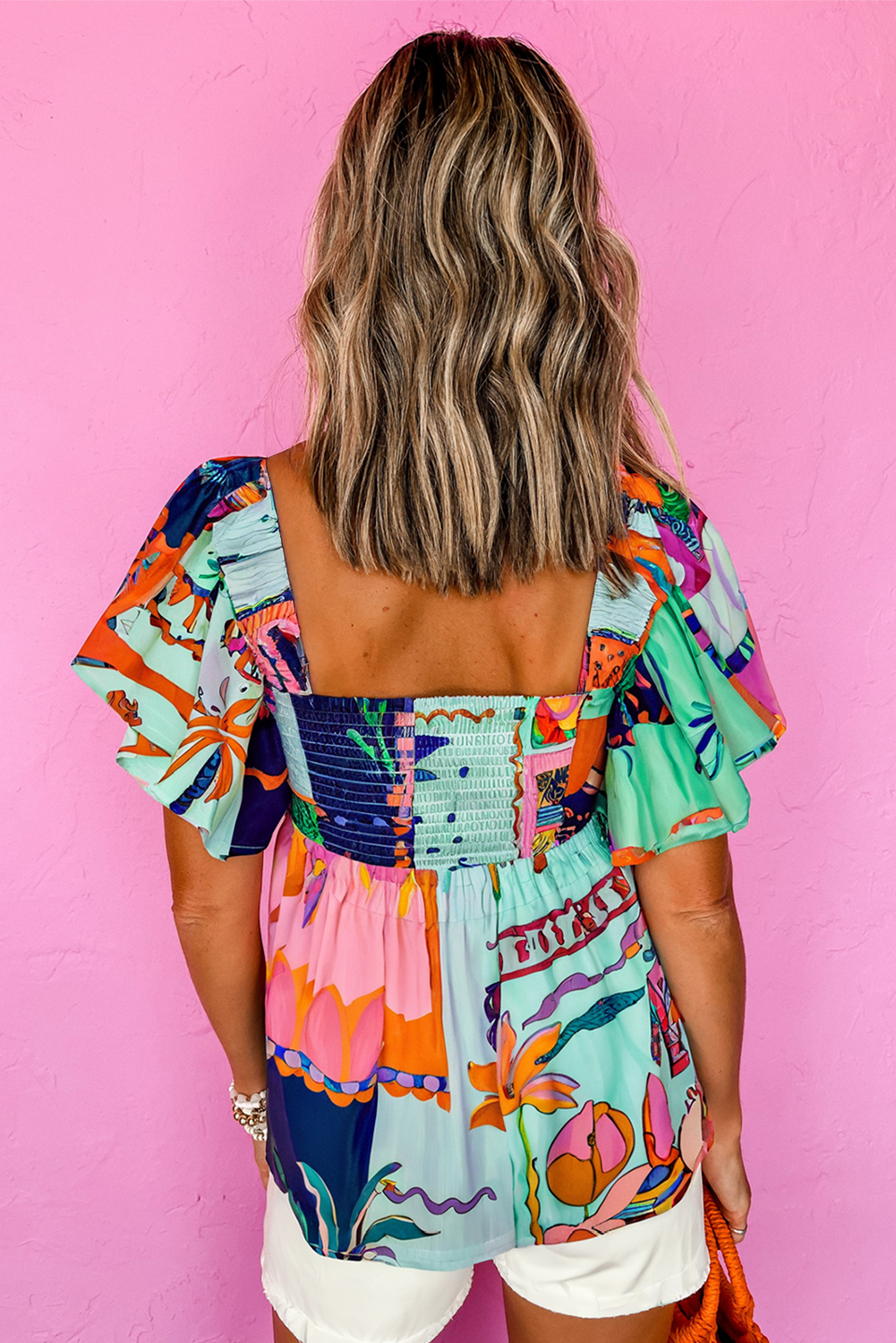 Sky Blue Tropical Printed Square Neck Flutter Sleeve Babydoll Blouse - loveforevers