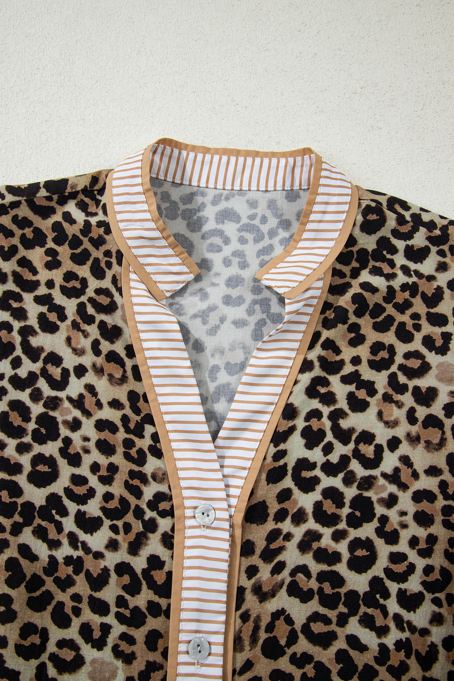 Khaki Contrast Striped Trim V Neck Leopard Shirt - loveforevers