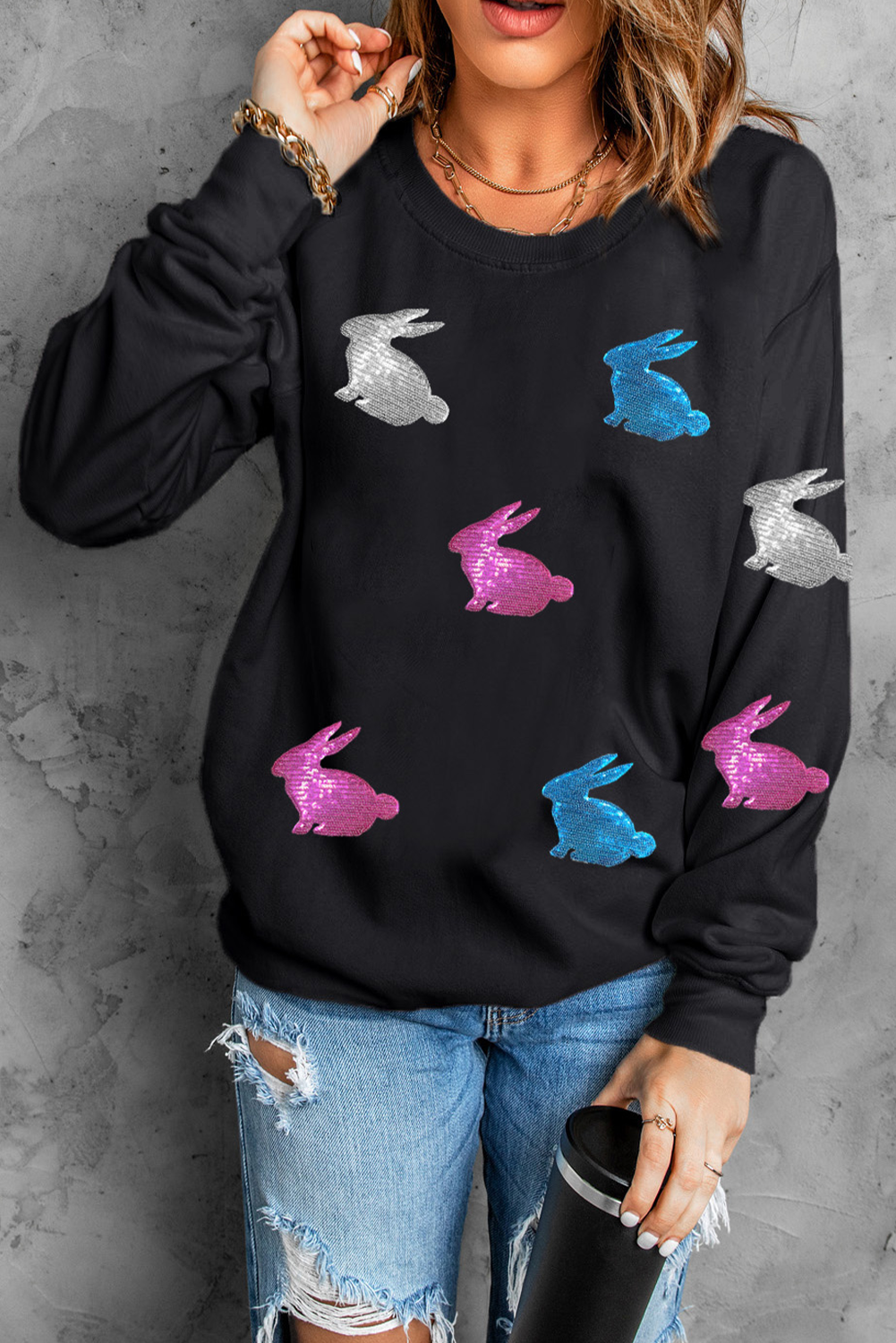 Black Easter Bunny Sequin Patched Drop Shoulder Sweatshirt - loveforevers