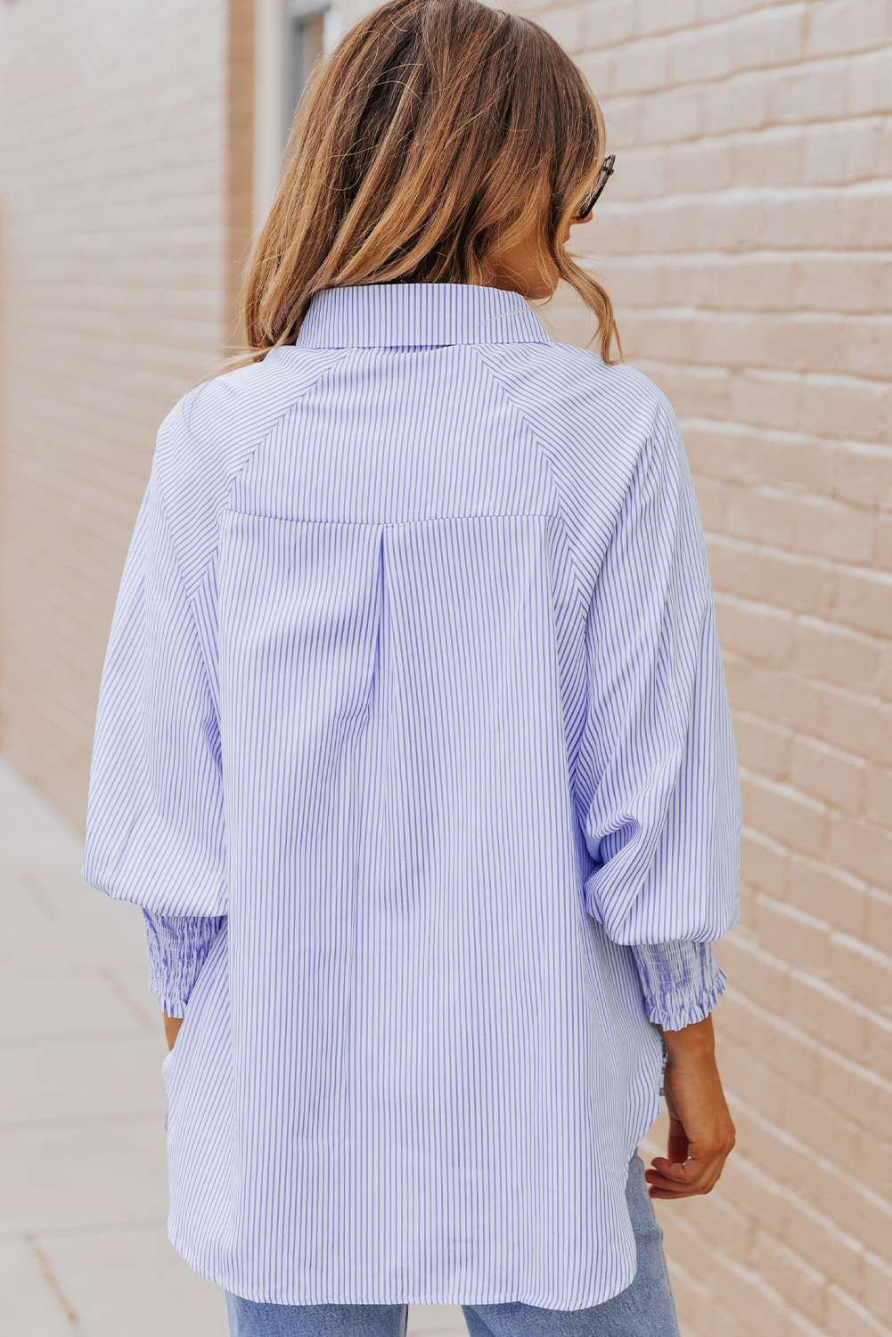 Red Stripe Smocked Cuffed Striped Boyfriend Shirt with Pocket - loveforevers