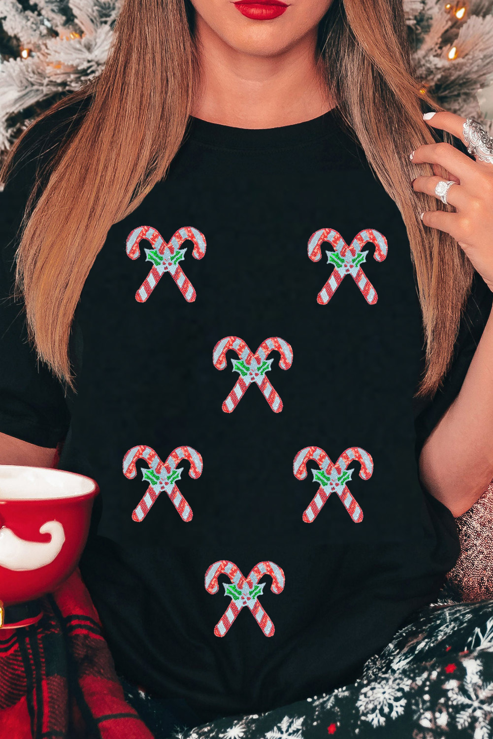 Black Holly Candy Cane Christmas Sequin Graphic T Shirt - loveforevers