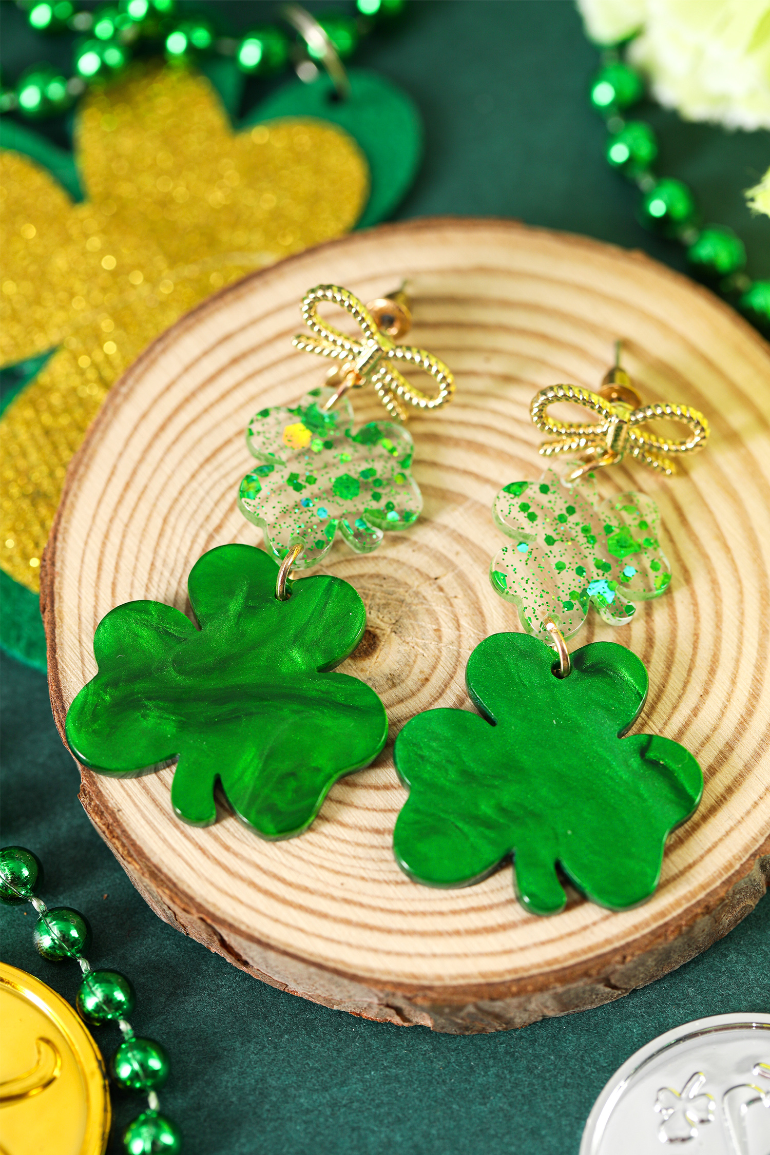 Green Double Clover Dangle Pendant Bow Stud Earrings - loveforevers