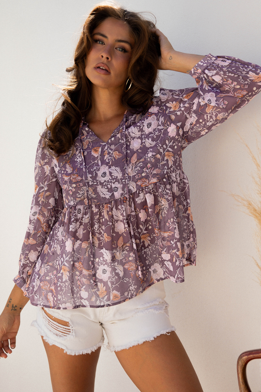 Blue Boho Flower Print 3/4 Sleeve Babydoll Blouse - loveforevers