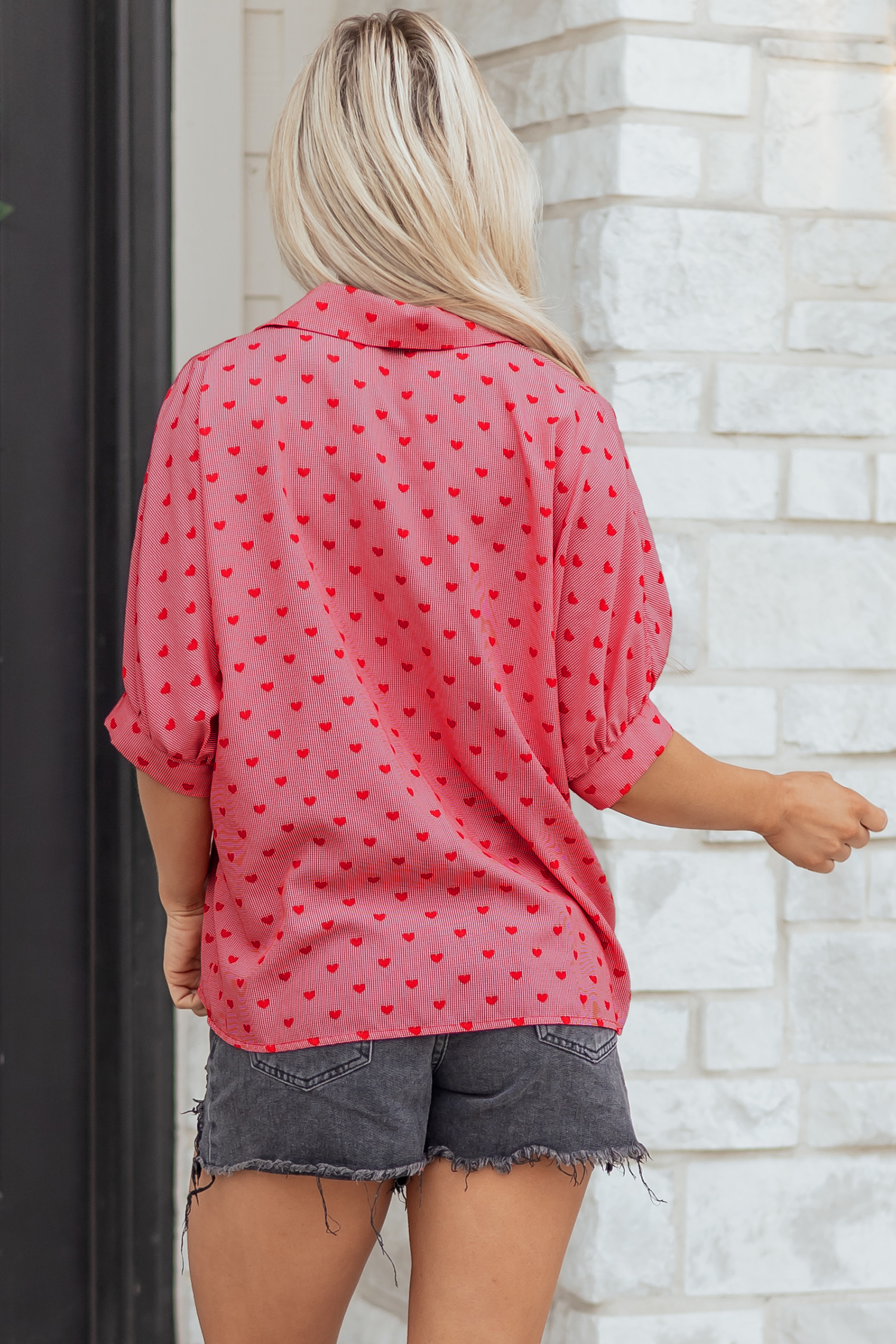 Red Heart Shape Print Half Sleeve Loose Valentine Shirt - loveforevers
