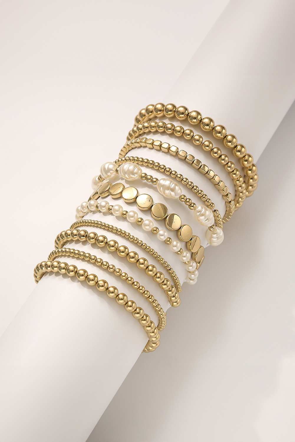 Gold 11pcs Alloy Pleated Pearl Beading Bracelet - loveforevers