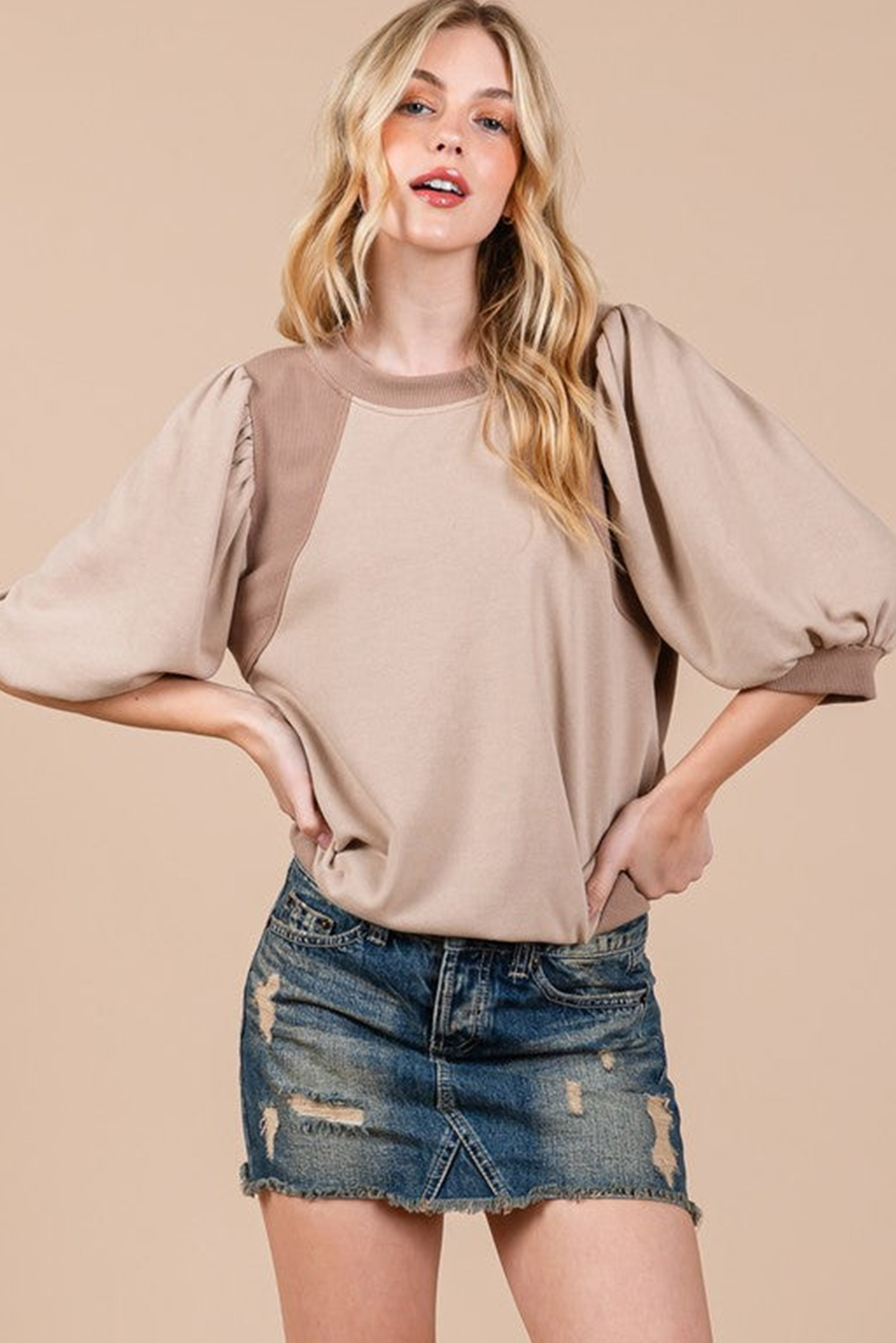 Goat Half Lantern Sleeve Solid Colour Pullover Top - loveforevers