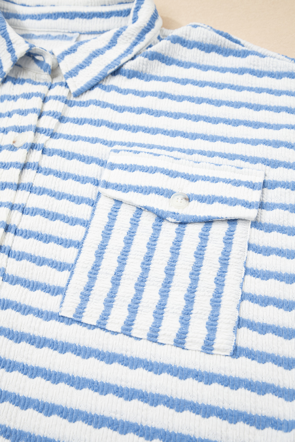 Sky Blue Stripe Half Button Collared Chest Pockets Loose Fit Blouse - loveforevers
