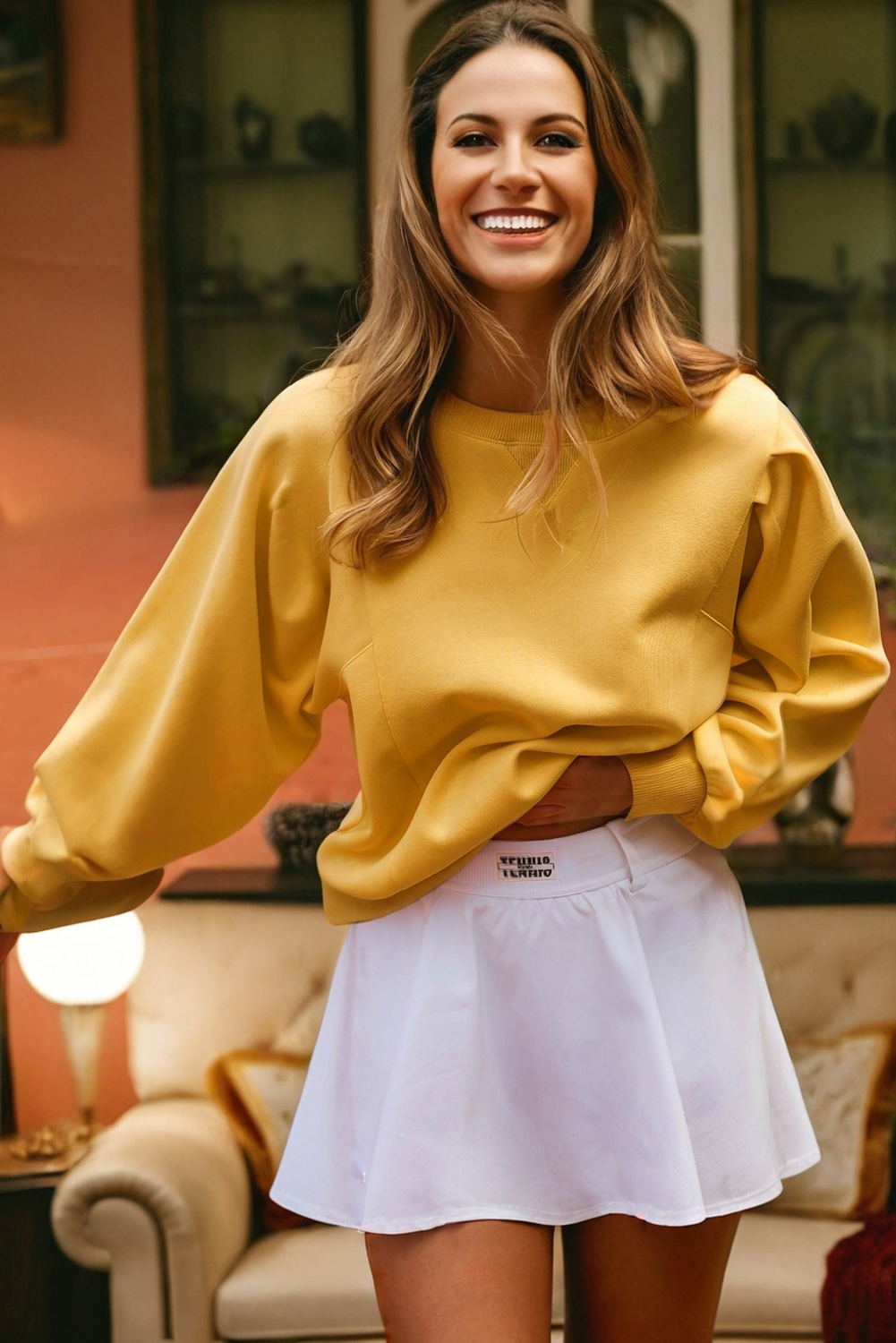 Citrus Pleated Balloon Sleeve Pullover Solid Sweatshirt - loveforevers
