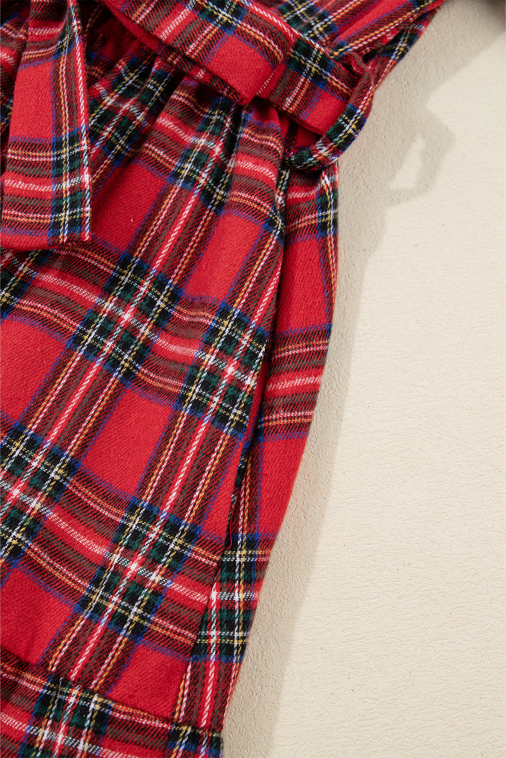 Red Christmas Plaid V Neck 3/4 Sleeve Tie Waist Ruffle Hem Long Dress - loveforevers